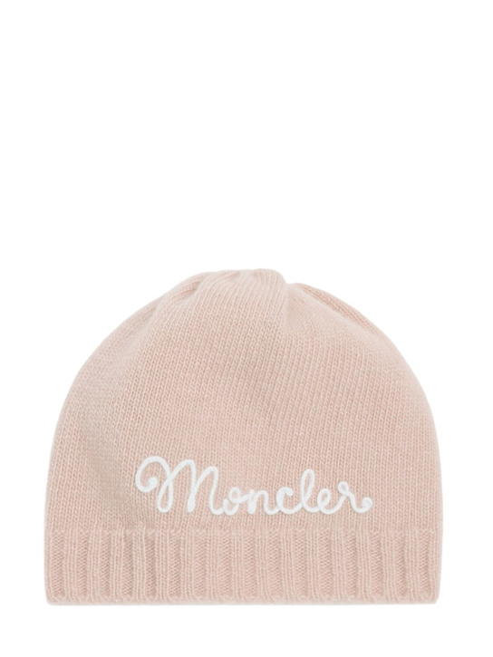 Moncler: Cappello beanie in lana e cashmere / logo ricamato - Rosa Chiaro - kids-girls_0 | Luisa Via Roma