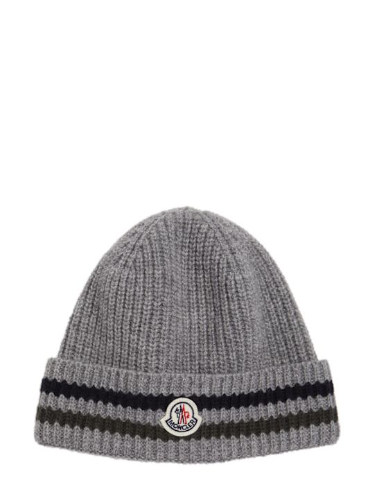 Moncler: Striped virgin wool beanie - グレー - kids-boys_0 | Luisa Via Roma