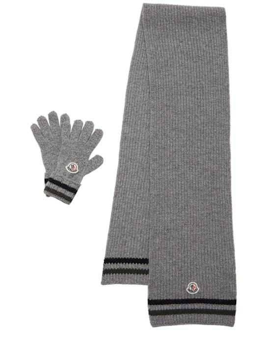 Moncler: Striped virgin wool gloves & scarf set - Grey - kids-boys_0 | Luisa Via Roma