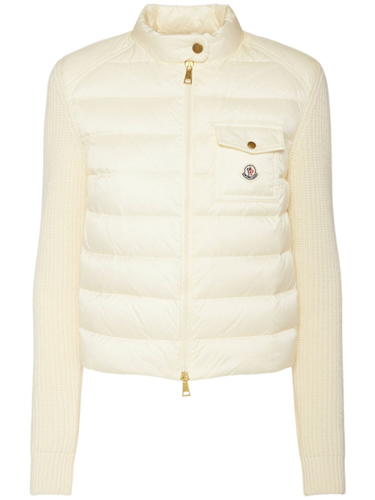 Moncler: Wool & nylon down cardigan jacket - White - women_0 | Luisa Via Roma