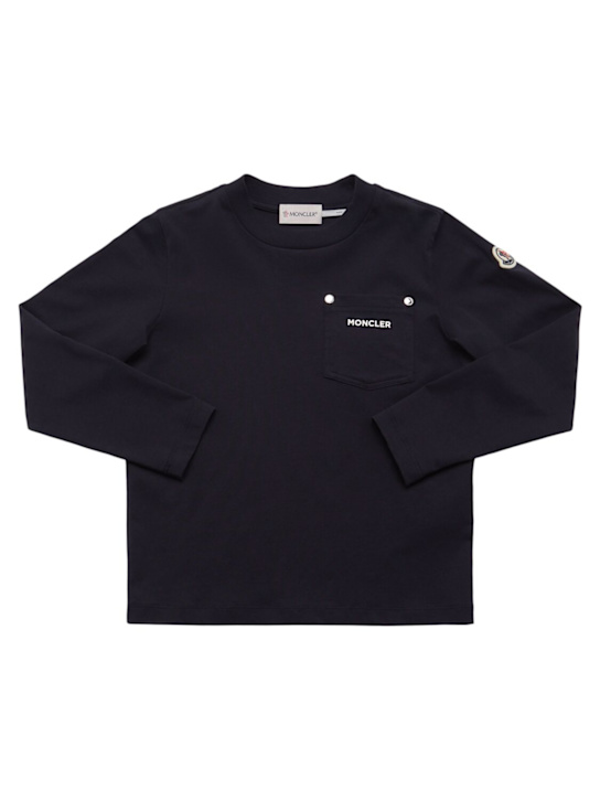 Moncler: Logo cotton l/s t-shirt w/ pocket - ネイビー - kids-boys_0 | Luisa Via Roma