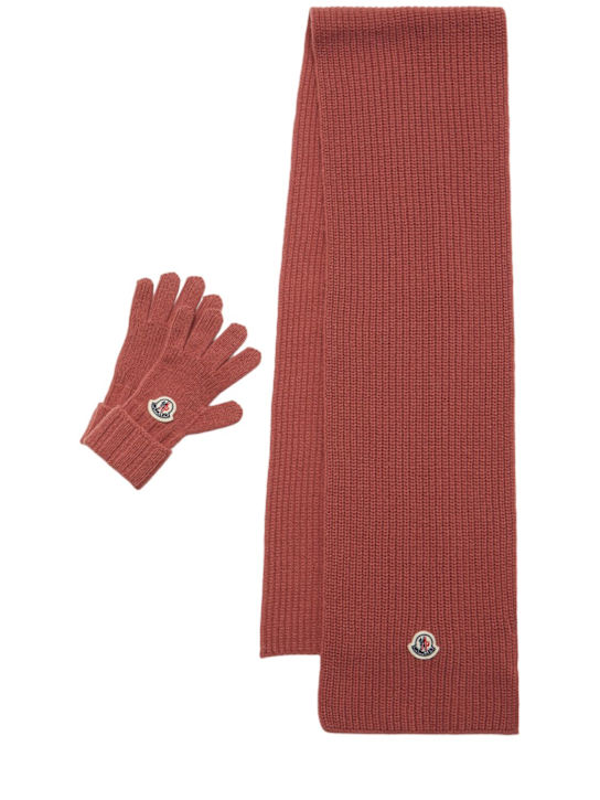 Moncler: Set guanti e sciarpa in lana vergine cardata - Rosa - kids-girls_0 | Luisa Via Roma