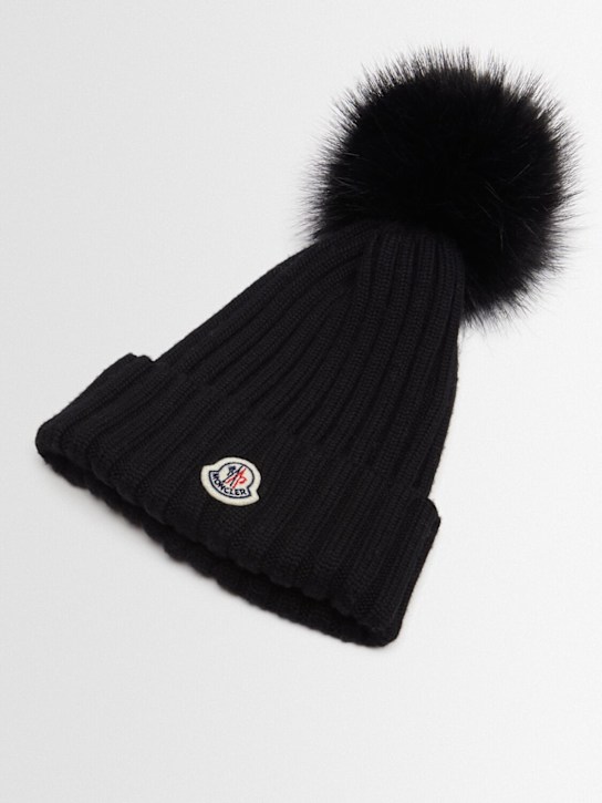 Moncler: Wool beanie w/ pom pom - Black - women_1 | Luisa Via Roma