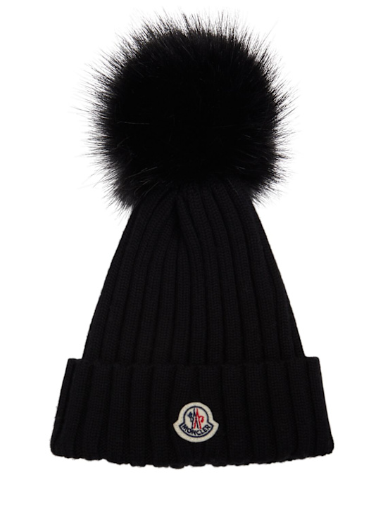 Moncler: Wool beanie w/ pom pom - Black - women_0 | Luisa Via Roma