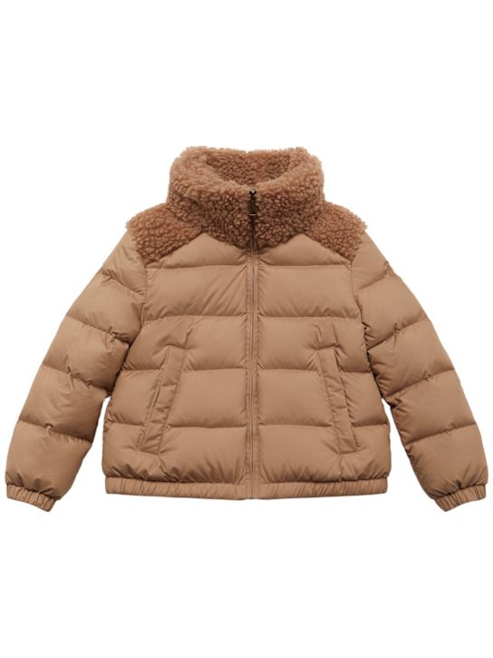 Moncler: Vard tech teddy trimmed down jacket - キャメルベージュ - kids-girls_0 | Luisa Via Roma