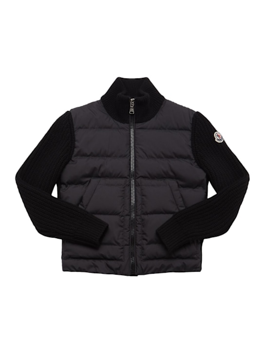 Moncler: Wool & tech zip-up down cardigan - Black - kids-boys_0 | Luisa Via Roma