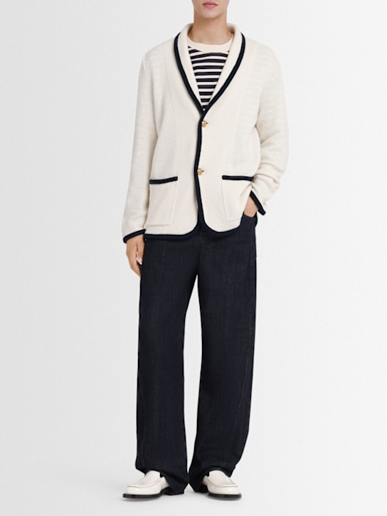 Valentino: Wool & cotton cardigan blazer - Ivory/Indigo - men_1 | Luisa Via Roma