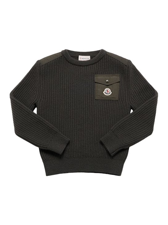 Moncler: Virgin wool sweater w/ pocket - ダークグリーン - kids-boys_0 | Luisa Via Roma