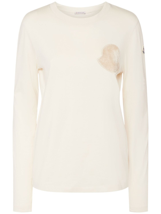 Moncler: 毛绒logo长袖T恤 - 白色 - women_0 | Luisa Via Roma