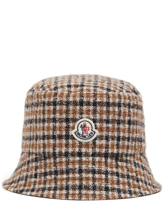 Moncler: Reversible wool blend check bucket hat - Brown  Black - women_0 | Luisa Via Roma
