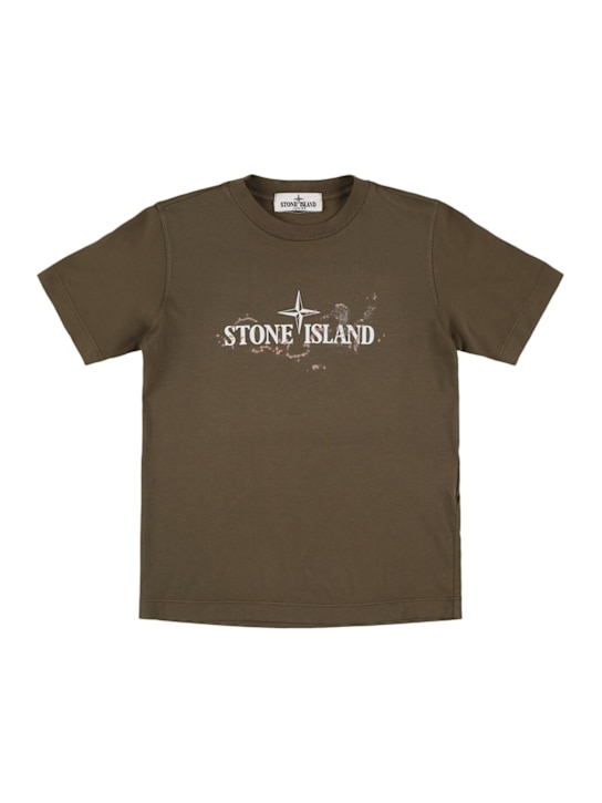 Stone Island Junior: Printed cotton jersey t-shirt - ミリタリーグリーン - kids-boys_0 | Luisa Via Roma