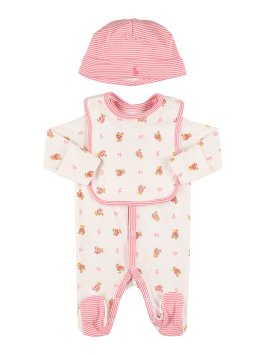 Polo Ralph Lauren: Spielanzug, Lätzchen und Mütze aus Baumwolle - Weiß/Rosa - kids-girls_0 | Luisa Via Roma