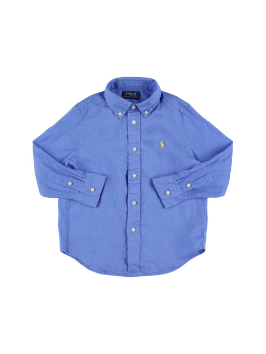 Polo Ralph Lauren: Camicia in lino con ricamo logo - Blu - kids-boys_0 | Luisa Via Roma
