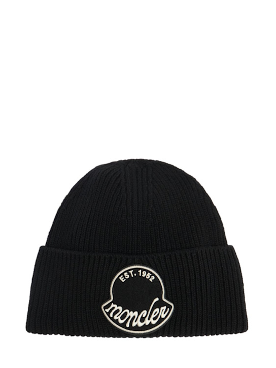 Moncler: Logo patch wool beanie - Black - men_0 | Luisa Via Roma