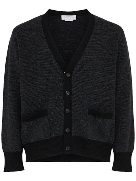 Thom Browne: Textured stitch V-neck wool cardigan - men_0 | Luisa Via Roma