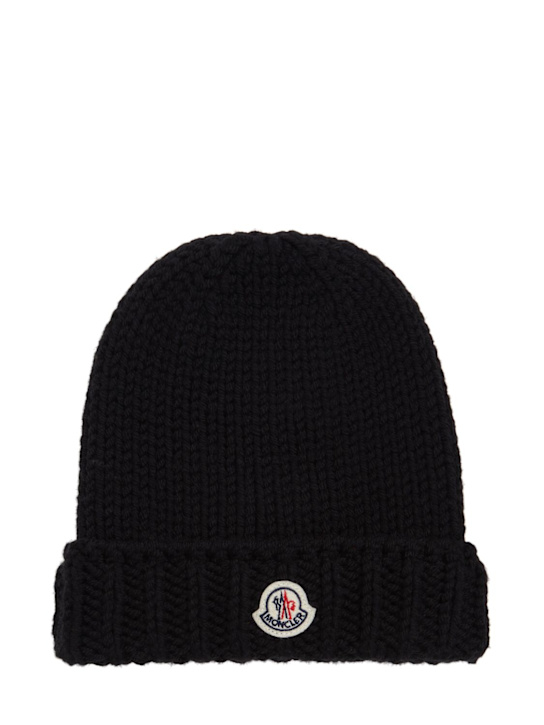 Moncler: Logo virgin wool beanie - Nero - kids-girls_0 | Luisa Via Roma