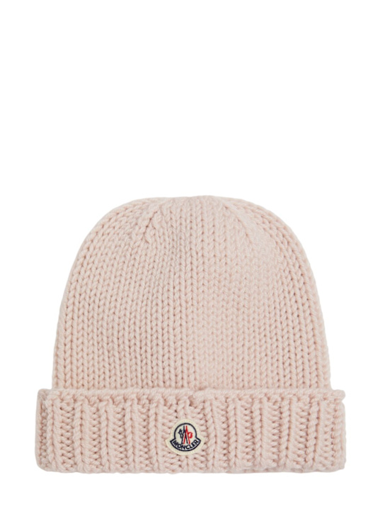 Moncler: Logo virgin wool beanie - ピンク - kids-girls_0 | Luisa Via Roma