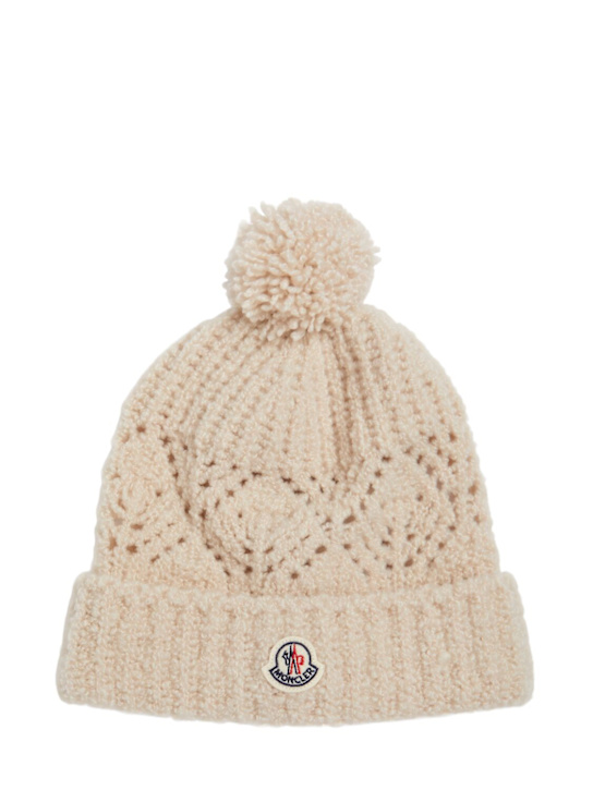 Moncler: Cappello beanie in misto lana vergine con pom pom - Bianco - kids-girls_0 | Luisa Via Roma