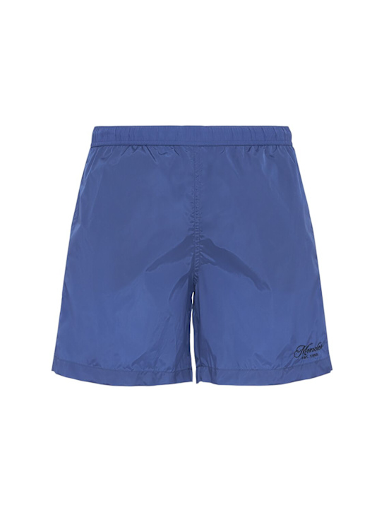 Moncler: Embroidered logo swim shorts - Twilight Blue - men_0 | Luisa Via Roma