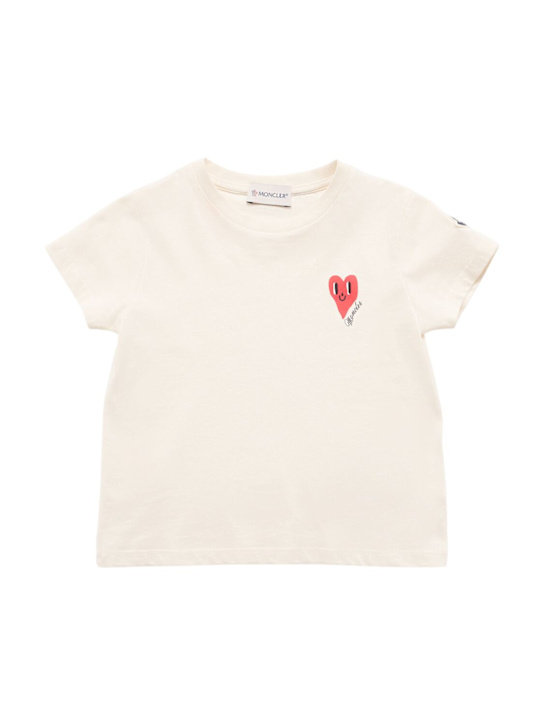Moncler: T-shirt in cotone con logo - Off White - kids-girls_0 | Luisa Via Roma