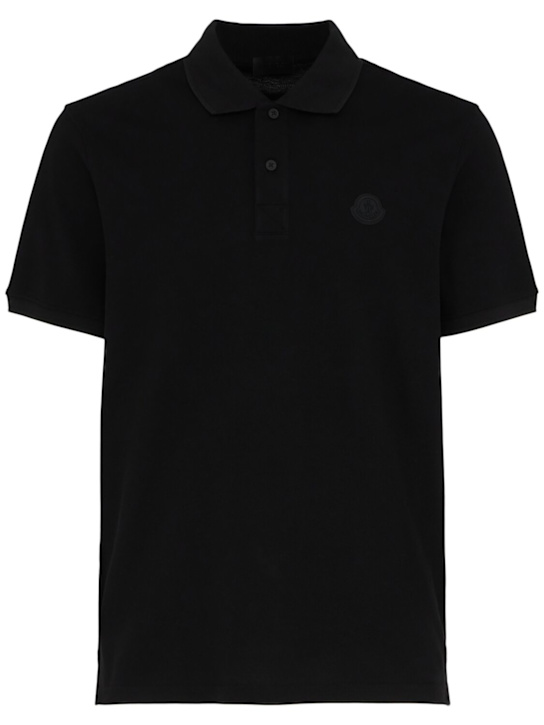 Moncler: Logo cotton piquet polo shirt - Black - men_0 | Luisa Via Roma