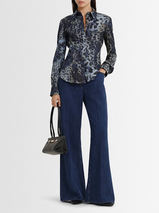Roberto Cavalli: Printed cotton blend chambray shirt - Blue/Multi - women_1 | Luisa Via Roma