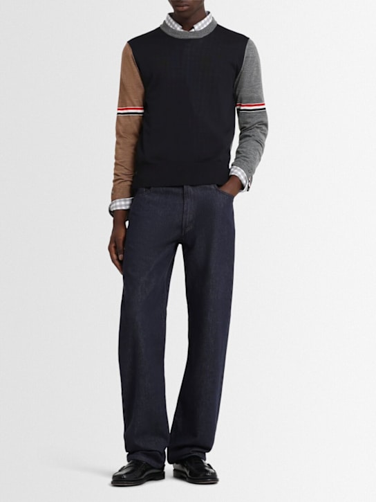 Thom Browne: Fun Mix wool jersey top - Navy/Grey/Brown - men_1 | Luisa Via Roma