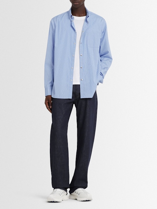 Moncler: Camicia in popeline di cotone a righe - Celeste - men_1 | Luisa Via Roma
