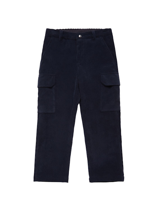 Moncler: Corduory tech blend cargo pants - Navy - kids-boys_0 | Luisa Via Roma