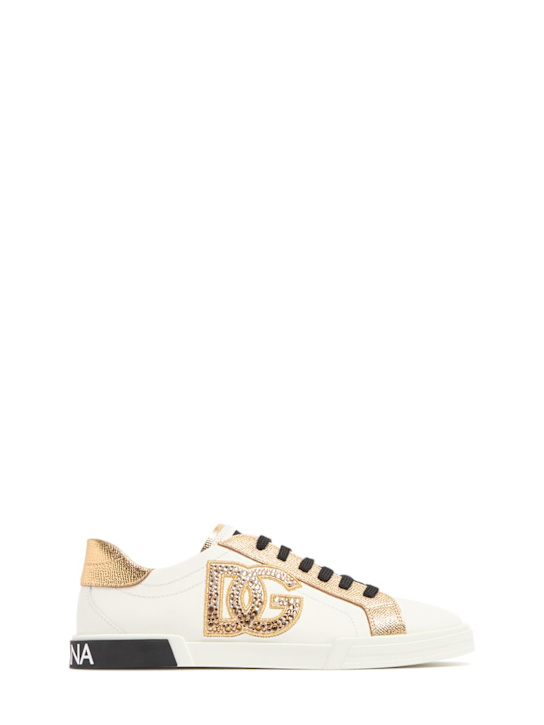Dolce&Gabbana: Logo print leather lace-up sneakers - White/Gold - kids-girls_0 | Luisa Via Roma