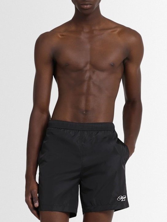 Moncler: Embroidered logo swim shorts - Mouline Black - men_1 | Luisa Via Roma