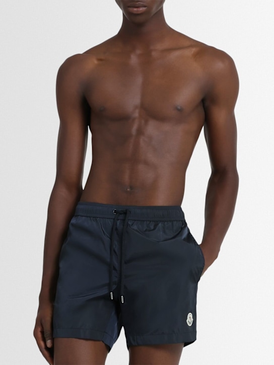 Moncler: Logo patch nylon swim shorts - Blue - men_1 | Luisa Via Roma