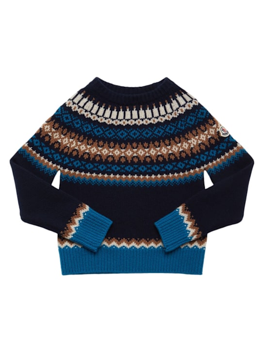 Moncler: Alpine jacquard virgin wool sweater - Navy - kids-boys_0 | Luisa Via Roma