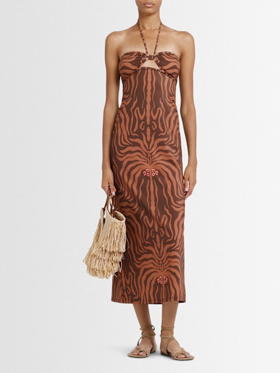 Johanna Ortiz: Jungle Palms halter neck midi dress - Chocolate/Camel - women_1 | Luisa Via Roma