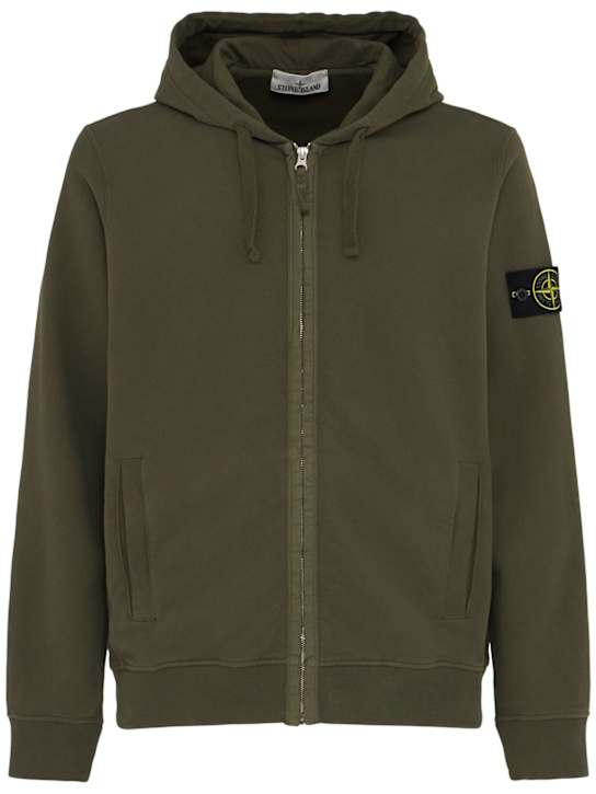 Stone Island: Brushed cotton sweatshirt hoodie - Military Green - men_0 | Luisa Via Roma