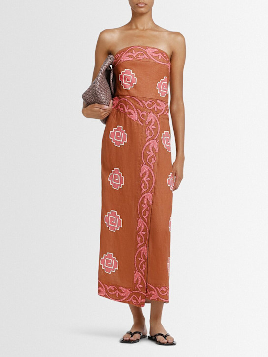 Johanna Ortiz: Linen Ancient strapless midi dress - Brown/Multi - women_1 | Luisa Via Roma