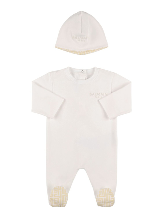Balmain: Cotton jersey romper & hat - White/Beige - kids-boys_0 | Luisa Via Roma