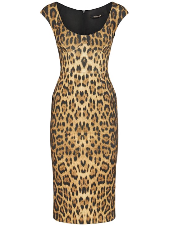 Roberto Cavalli: Printed scuba jersey midi dress - Brown/Multi - women_0 | Luisa Via Roma