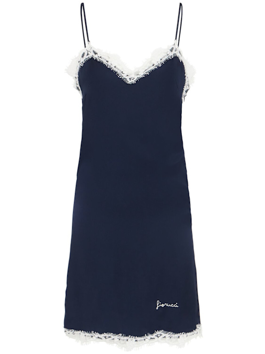 Fiorucci: Embroidered satin & lace mini slip dress - Navy - women_0 | Luisa Via Roma