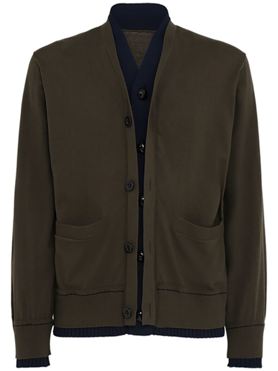 Sacai: Cotton & cashmere knit cardigan - Khaki/Navy - men_0 | Luisa Via Roma