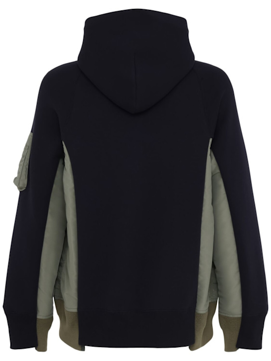 Sacai: Cotton sweat & nylon twill hoodie - Navy/Khaki - men_1 | Luisa Via Roma
