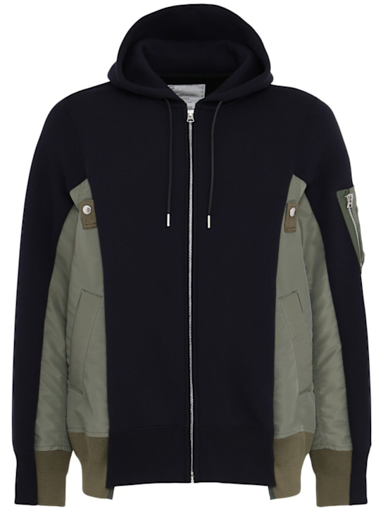 Sacai: Cotton sweat & nylon twill hoodie - Navy/Khaki - men_0 | Luisa Via Roma