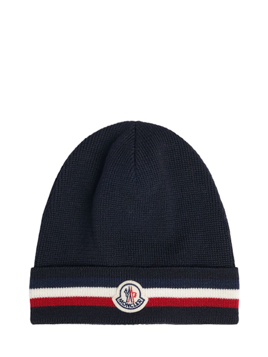Moncler: Tricolour virgin wool beanie - Navy - men_0 | Luisa Via Roma