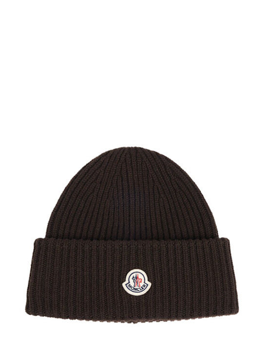 Moncler: Logo wool & cashmere beanie - Dark Brown - men_0 | Luisa Via Roma