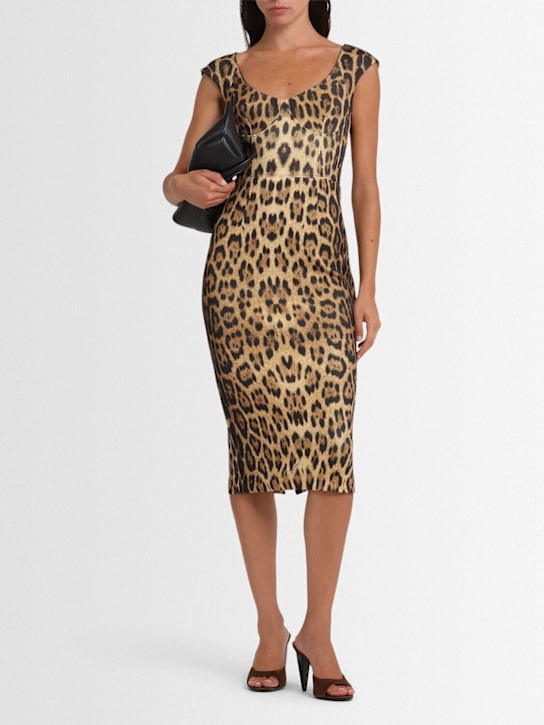 Roberto Cavalli: Printed scuba jersey midi dress - Brown/Multi - women_1 | Luisa Via Roma