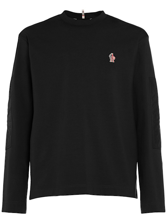 Moncler Grenoble: Logo cotton blend long sleeve t-shirt - Black - men_0 | Luisa Via Roma