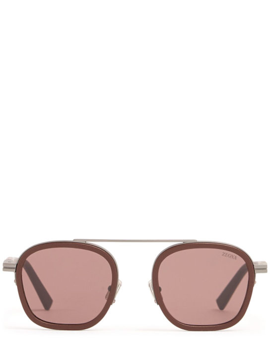 Zegna: Orizzonte I metal & leather sunglasses - Brown - men_0 | Luisa Via Roma