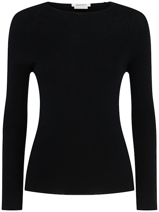 Annagreta: Ada rib knit wool crewneck sweater - Black - women_0 | Luisa Via Roma