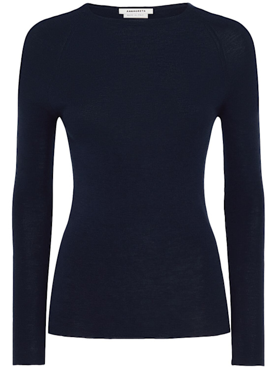 Annagreta: Ada リブニット ウールクルーネックセーター - ブルー - women_0 | Luisa Via Roma