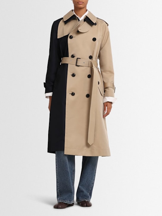 Sacai: Cotton blend gabardine long trench coat - Navy/Beige - women_1 | Luisa Via Roma